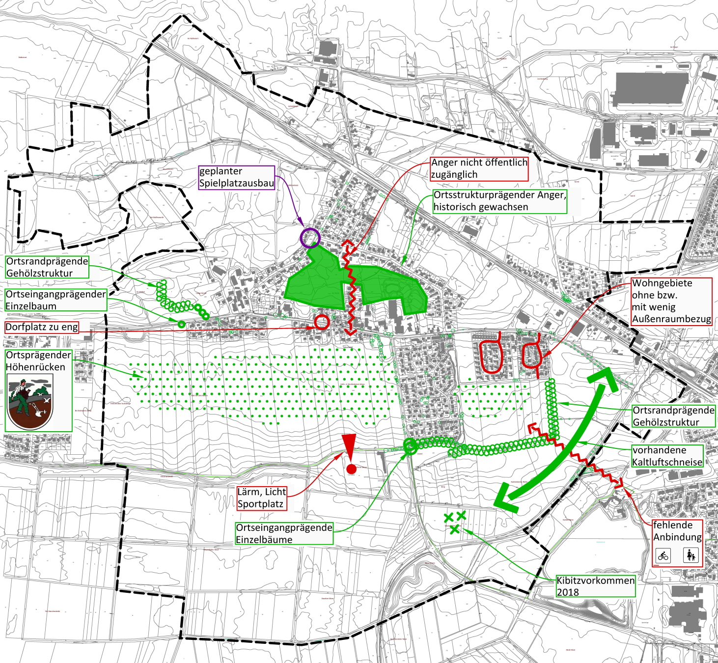 Stadtplan von Meyenfeld mit positiven und negativen Anmerkungen der Stadt zum Ist-Zustand aus dem Themenbereich Grün