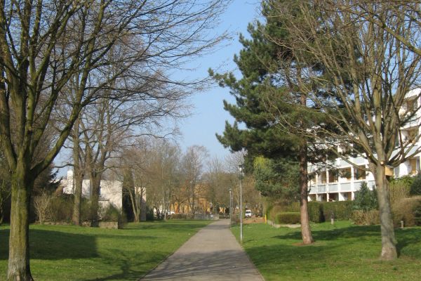 Gezeigt wird der Franziskusweg, derauf beiden Seiten von Grünflächen gesäumt wird.