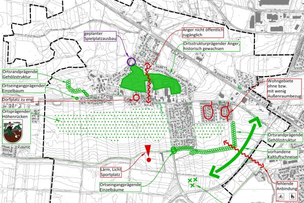 Stadtplan von Meyenfeld mit positiven und negativen Anmerkungen der Stadt zum Ist-Zustand aus dem Themenbereich Grün